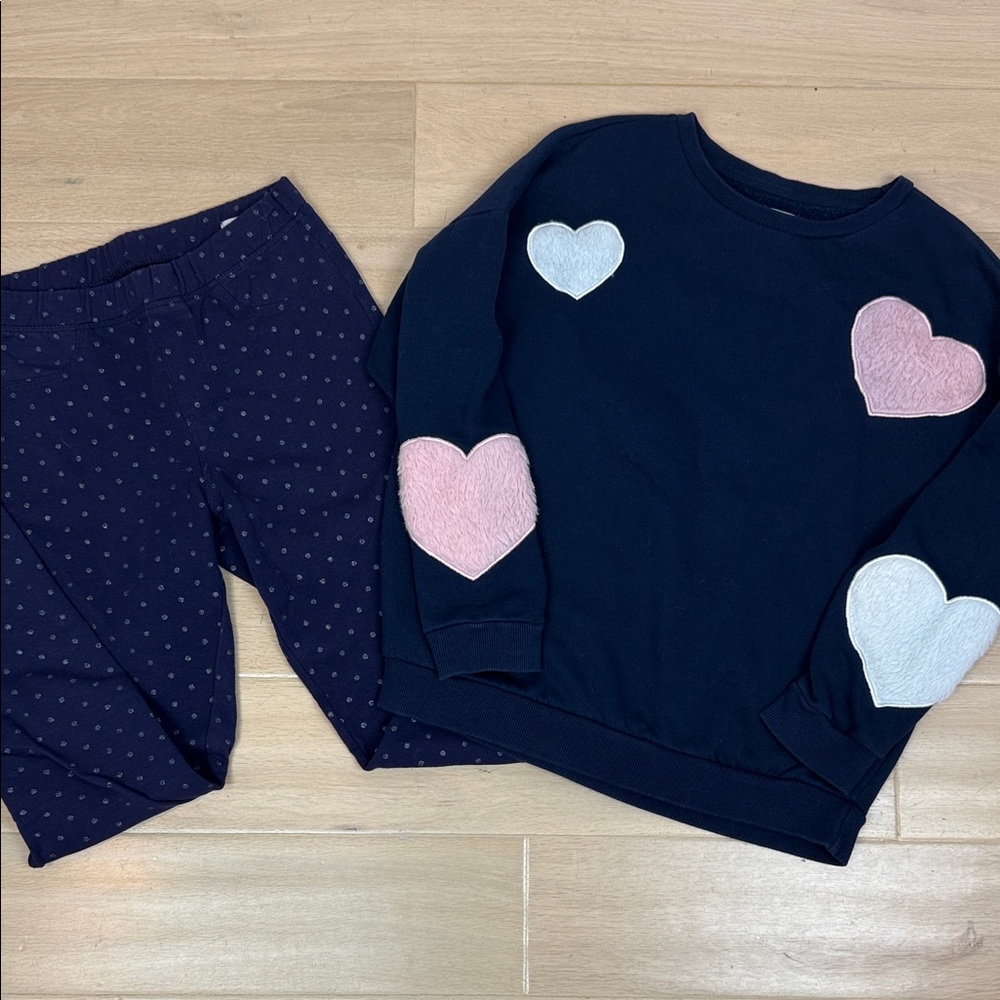 Girls Cozy Set | Blue Fleece Leggings & Sweatshirt | Heart Design | Size 10-13